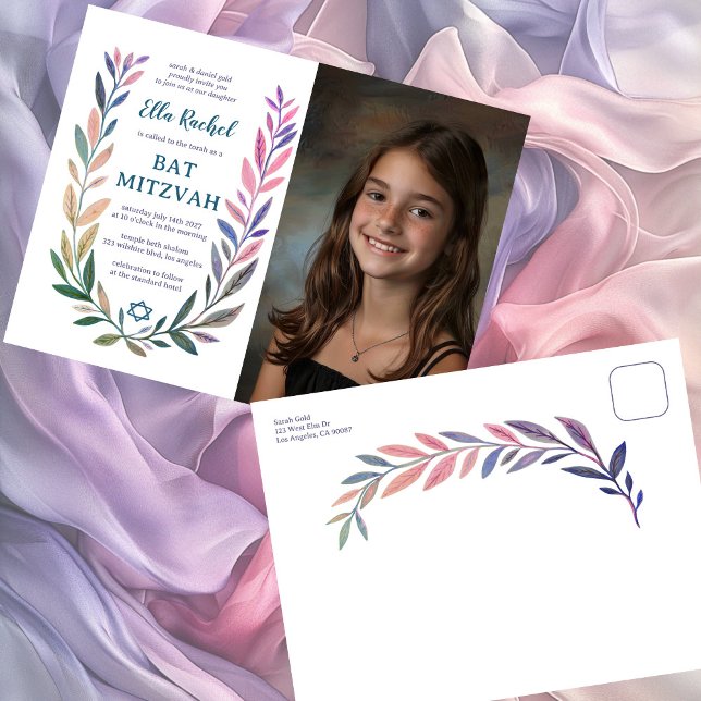 Carte Postale Aquarelle botanique PHOTO PERSONNALISÉE Bar Mitzva (Botanical Watercolor CUSTOM PHOTO Bat Bar Mitzvah Postcard Invitation
)