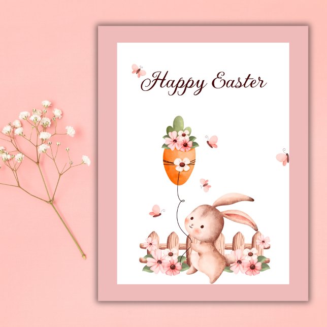 Carte Postale Aquarelle Boulon de lapin de Pâques (Watercolor Easter Bunny Carrot Balloon Butterfly Postcard)