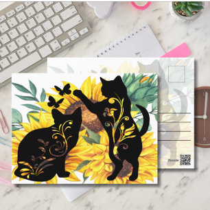 Carte Postale Aquarelle Bouquet de tournesol Chat Silhouette flo