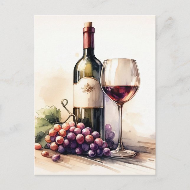 Carte Postale Aquarelle Bouteille de vin et raisins (Devant)