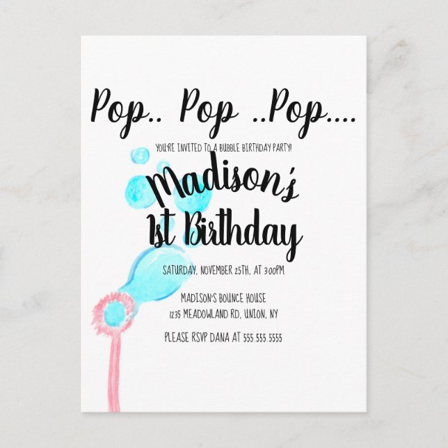 Carte Postale Aquarelle Bubble Wand Pop Pop Pop Anniversaire (Devant)
