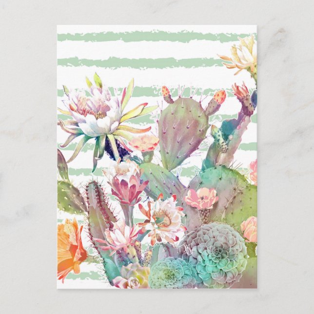 Carte Postale Aquarelle Cactus Floral Stripes Design (Devant)