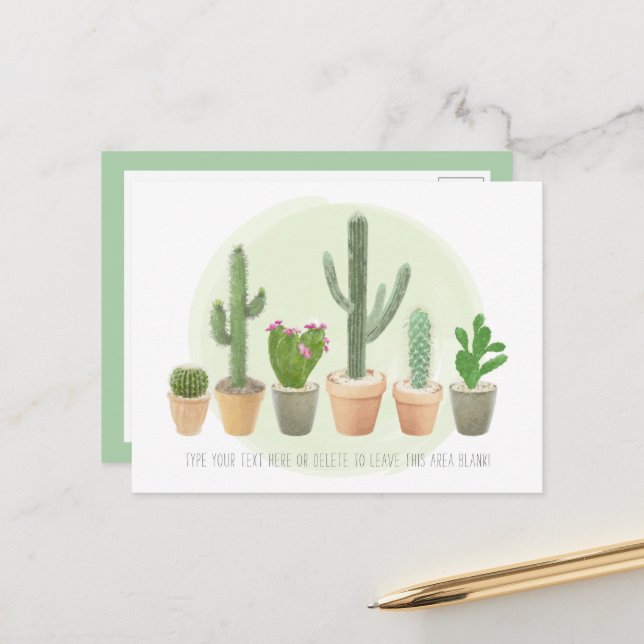 Carte Postale Aquarelle Cactus mignon Plantes Posés Note (Devant/Arrière en situation)