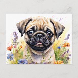 Carte Postale Aquarelle Carlin Chiot dans le plaisir Fleur sauva