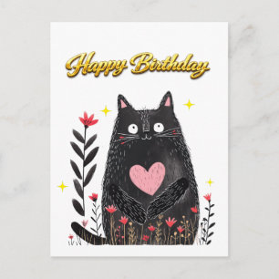 Carte Postale Aquarelle Chat Noir Fleur Rose Anniversaire