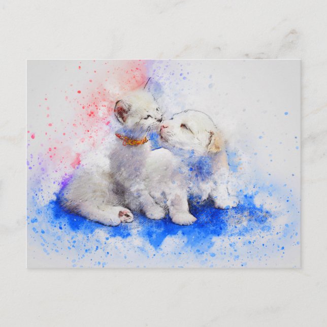Carte Postale Aquarelle chatte chien Aimer tendresse (Devant)