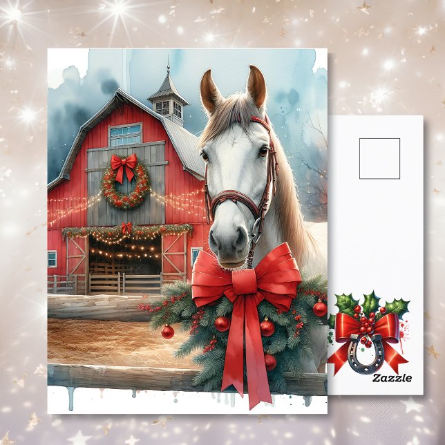 Carte Postale Aquarelle Cheval blanc et ferme festive Noël (Créateur téléchargé)