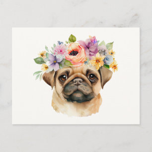 Carte Postale Aquarelle Chiot Pug Mignon avec Couronne de Fleurs
