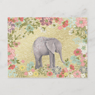 Carte Postale Aquarelle classique Eléphant Flore Cadre Or Huile