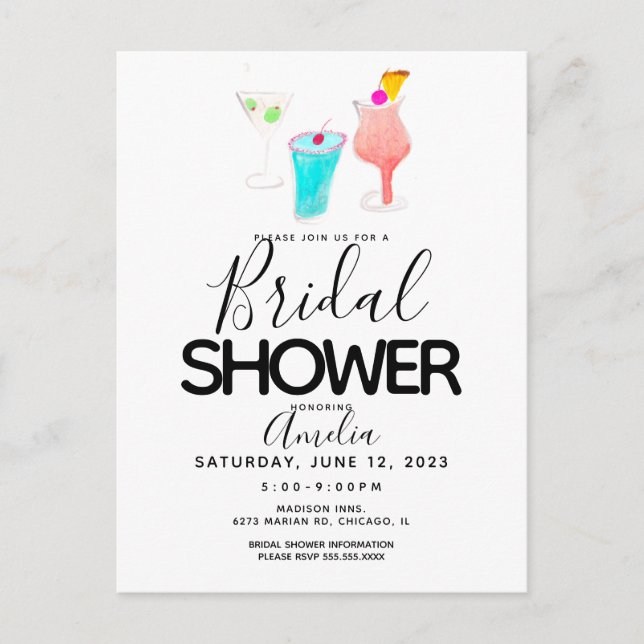 Carte Postale Aquarelle Cocktail Fête des mariées peinte (Devant)