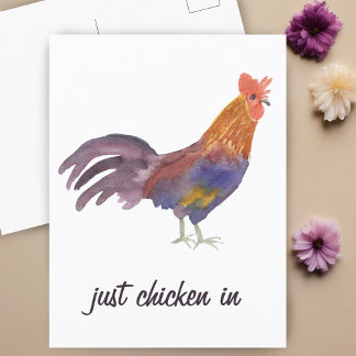 Carte Postale Aquarelle colorée de poulet JUSTE POULET dans drôl