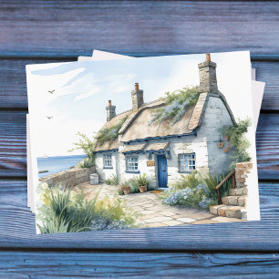 Carte Postale Aquarelle Cornwall Cottage bord de mer