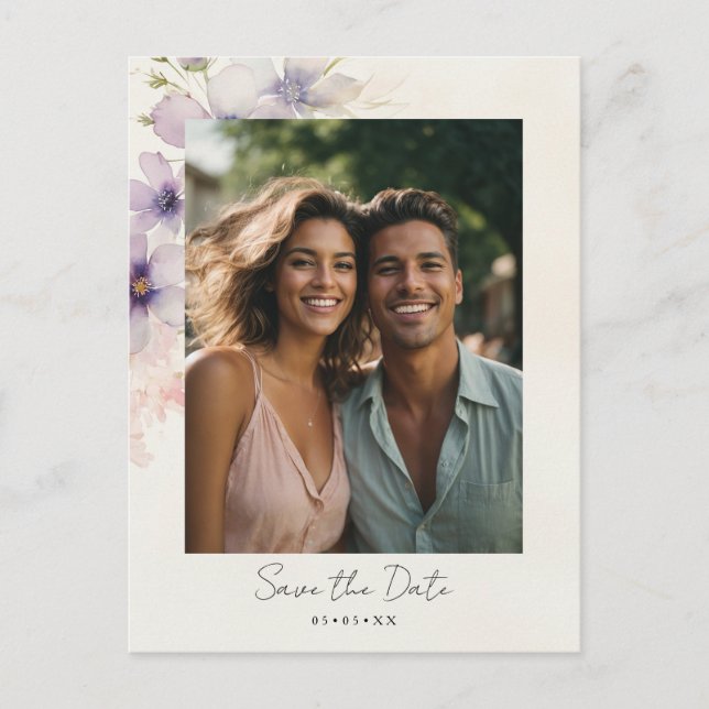 Carte Postale aquarelle cosmos fleurs photo enregistrer la date (Devant)