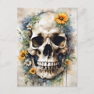Carte Postale Aquarelle crâne avec Fleurs sauvages