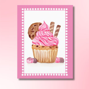 Carte Postale Aquarelle Cupcake Rose Avec Chocolat Anniversaire