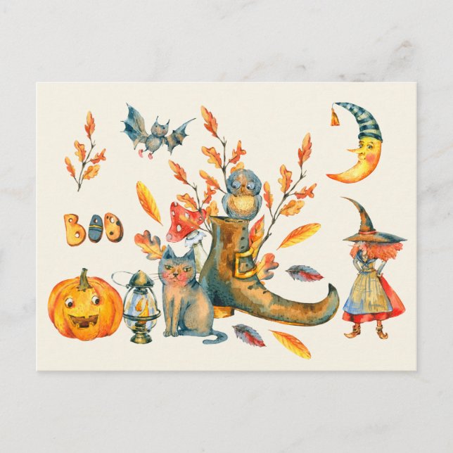 Carte Postale Aquarelle Cute Boo Happy Halloween Rassemblement (Devant)