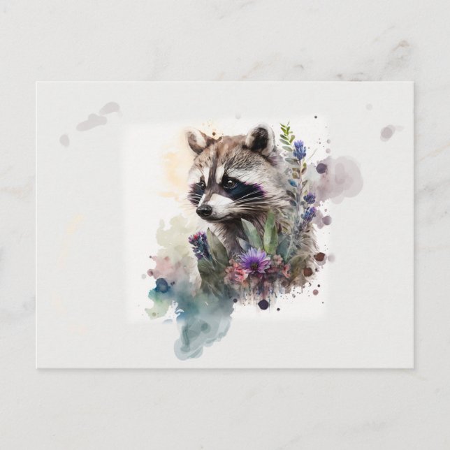 Carte Postale Aquarelle Cute Raccoon Fleurs de printemps (Devant)