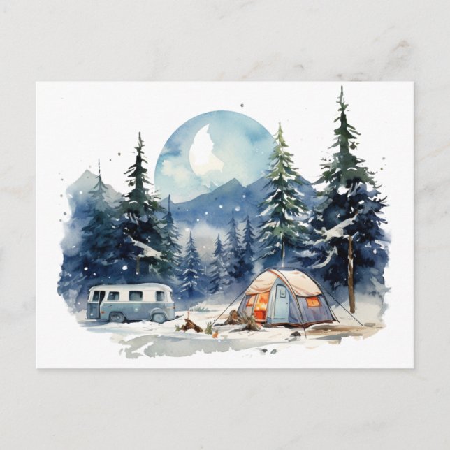 Carte Postale Aquarelle de camping d'hiver (Devant)