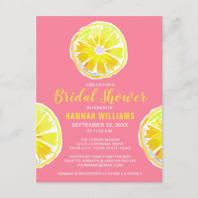 Carte Postale Aquarelle de citron avec Fête des mariées rose Inv (Devant)