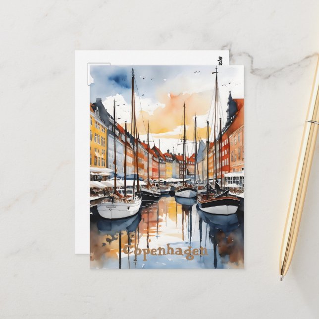 Carte Postale Aquarelle de Copenhague (Devant/Arrière en situation)
