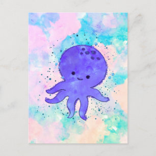 Carte Postale Aquarelle de dessin bleu octopus