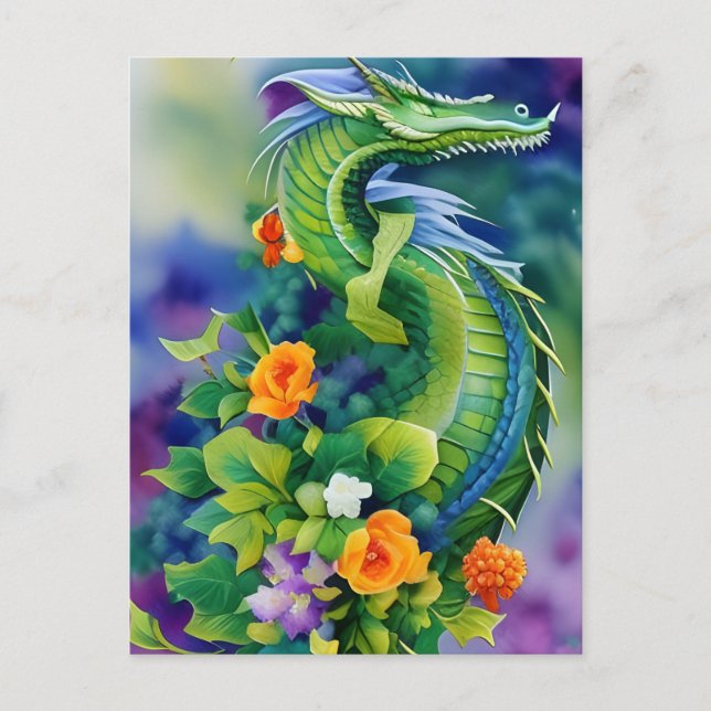 Carte Postale Aquarelle de dragon de fleurs (Devant)