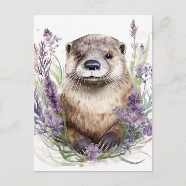 Carte Postale Aquarelle de fleurs pourpres et otter (Devant)