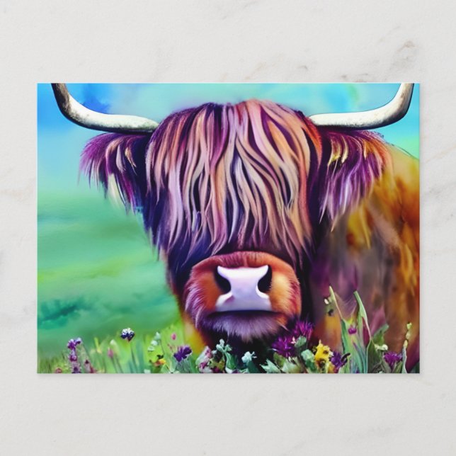 Carte Postale Aquarelle de Highland Cow Nature (Devant)
