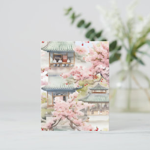 Carte Postale Aquarelle de la pagode asiatique au milieu des fle