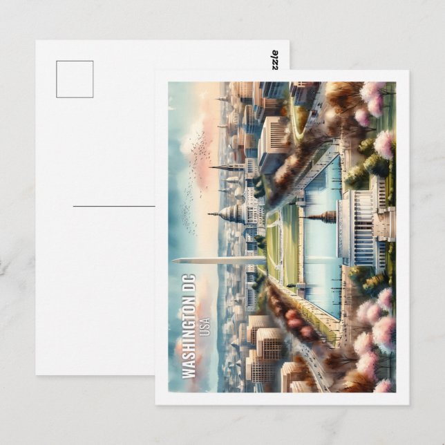 Carte Postale Aquarelle de la Place de Voyage de Washington DC U (Devant / Derrière)