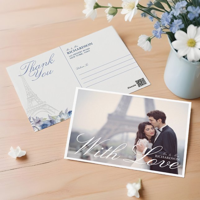 Carte Postale Aquarelle de la tour Eiffel Paris Mariage Floral P (Paris Eiffel Tower Watercolor Floral Wedding Photo Postcard)