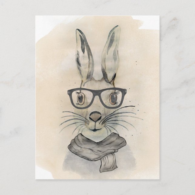 Carte Postale Aquarelle de lapin drôle et mignon avec lunettes e (Devant)