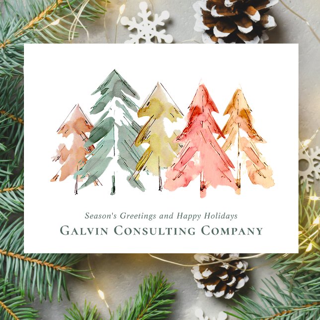 Carte Postale Aquarelle de l'arbre du pin d'entreprise (Spread the joy of the season and strengthen business relationships with our elegant holiday card)