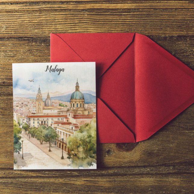 Carte Postale Aquarelle de l'architecture de Malaga Espagne (Malaga Andalusia Spain Postcard)