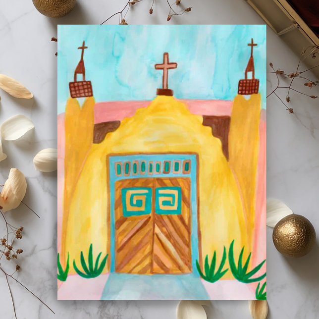 Carte Postale Aquarelle de l'église San Jose de Gracia Nouveau M (San Jose de Gracia Church Watercolor New Mexico Postcard
)