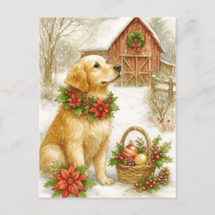 Carte postale aquarelle de Noël avec Retriever dor