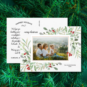 Carte Postale Aquarelle de Noël Baies vertes Photo famille