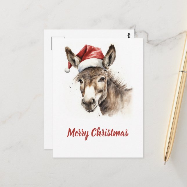 Carte Postale Aquarelle de Noël mignonne âne (Devant/Arrière en situation)
