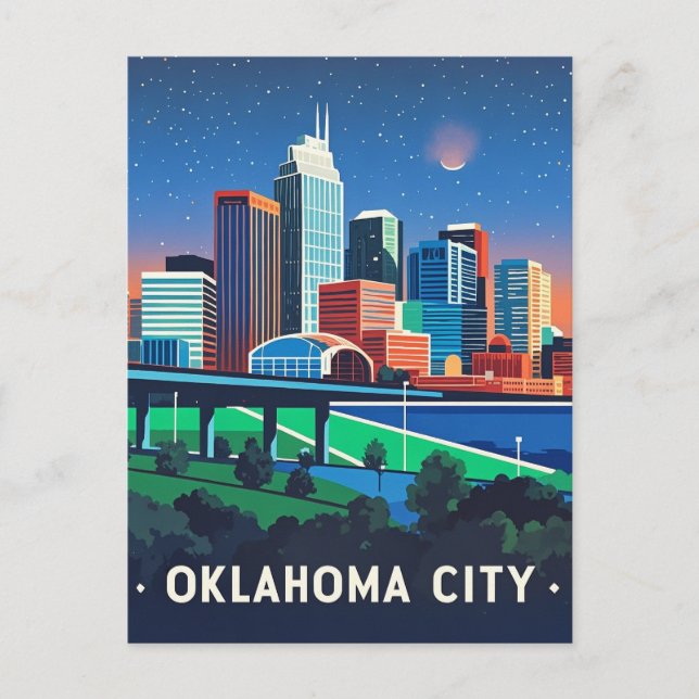 Carte Postale Aquarelle de nuit de Oklahoma City (Devant)