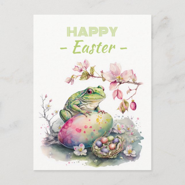 Carte Postale Aquarelle de Pâques Grenouille verte Oeufs et fleu (Devant)
