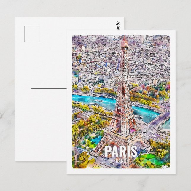 Carte Postale Aquarelle de Paris France (Devant / Derrière)