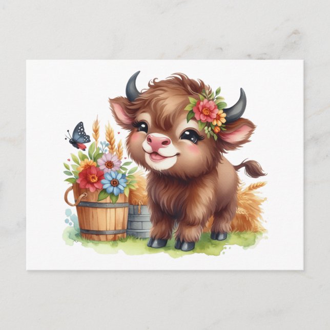 Carte Postale Aquarelle de petit bébé Buffalo (Devant)