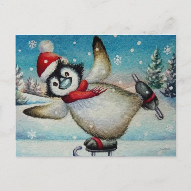 Carte Postale Aquarelle de pingouin de Whimsical Patinage de gla (Devant)