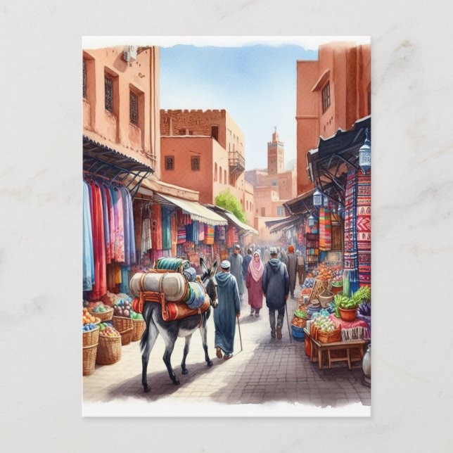 Carte Postale Aquarelle de rue Maroc (Devant)