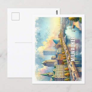 Carte Postale Aquarelle de voyage célèbre Milwaukee Wisconsin