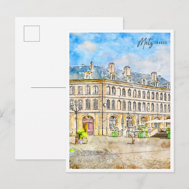 Carte Postale Aquarelle de voyage du millésime Metz France (Devant / Derrière)