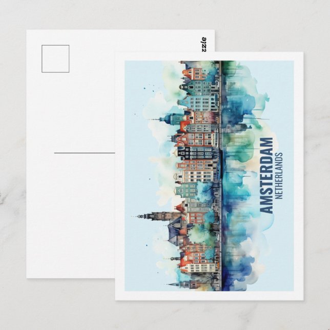 Carte Postale Aquarelle de voyage réputée d'Amsterdam Pays-Bas (Devant / Derrière)