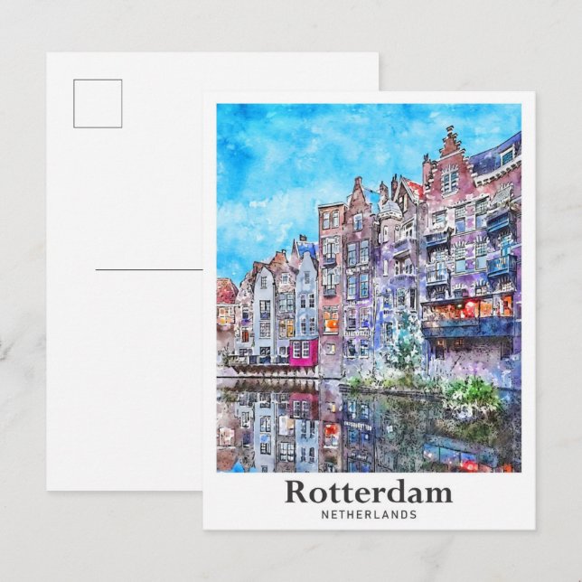 Carte Postale Aquarelle de voyage Rotterdam Pays-Bas tirée (Devant / Derrière)