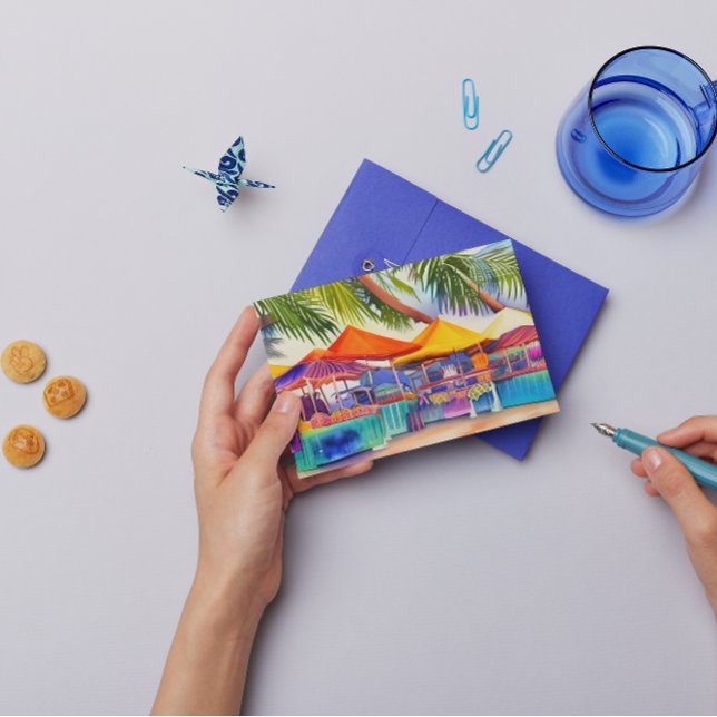 Carte Postale Aquarelle des stands du marché en front de mer (Créateur téléchargé)