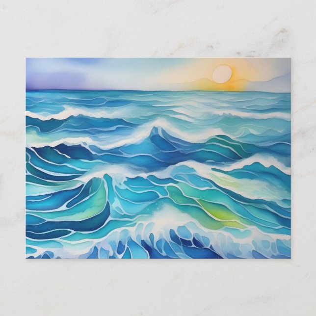 Carte Postale Aquarelle des vagues sous le soleil (Devant)
